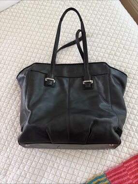 Black Leather Coach Tote with Double Shoulder Straps